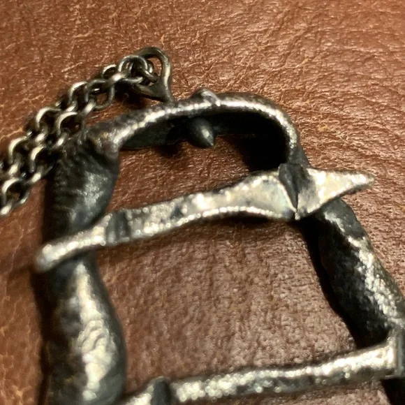 BRUTALIST MODERNIST RAW STEAMPUNK SILVERTONE PEWTER PENDANT AND CHAIN NECKLACE.
